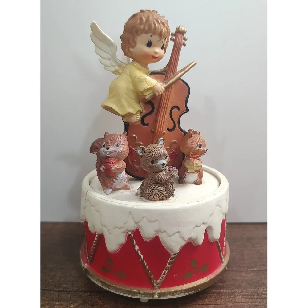 Vtg Hand Painted Revolving Musical Angel Squirrels Teddy Bear Music Box Works